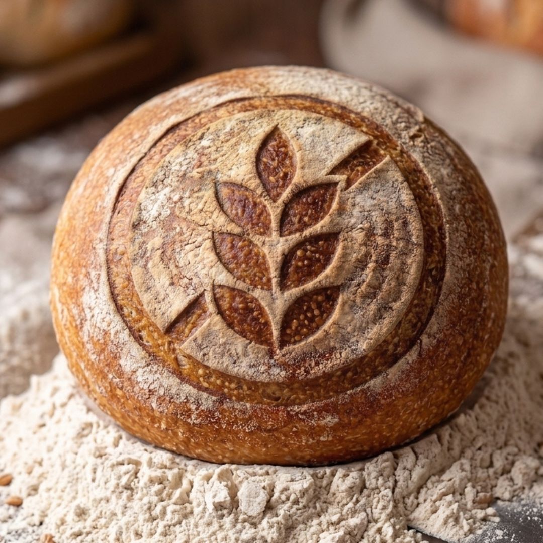 Pagnotta di pane rustico con una spiga incisa sulla crosta