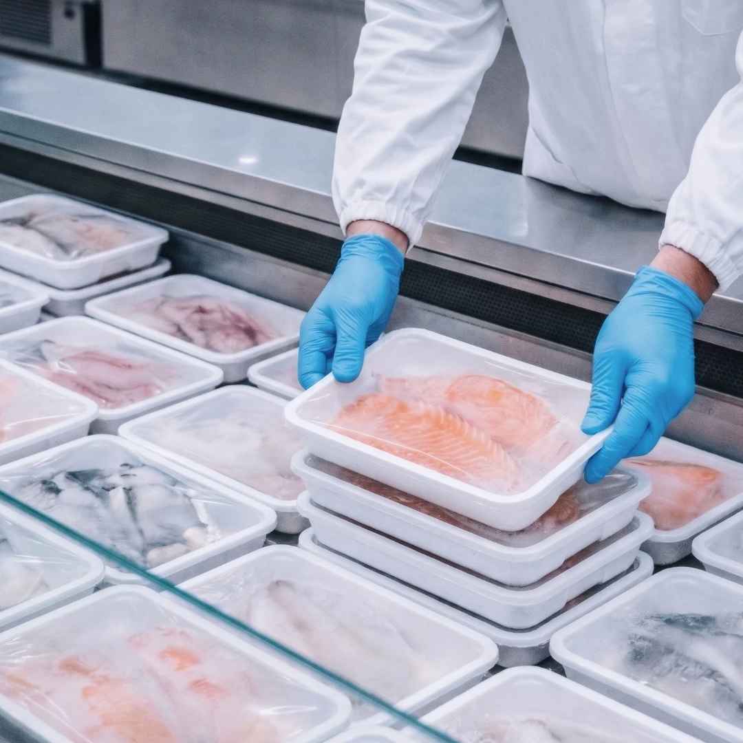 Addetto con guanti sistema una vaschetta di filetti di pesce nel banco surgelati Surgelsud